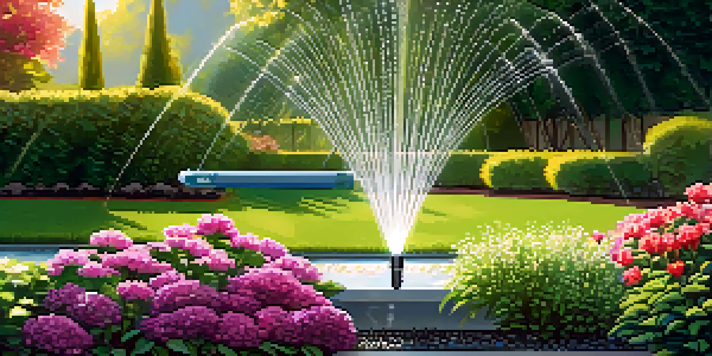 A smart irrigation system in a garden, with sensors and sprinklers watering colorful flowers under bright sunlight.