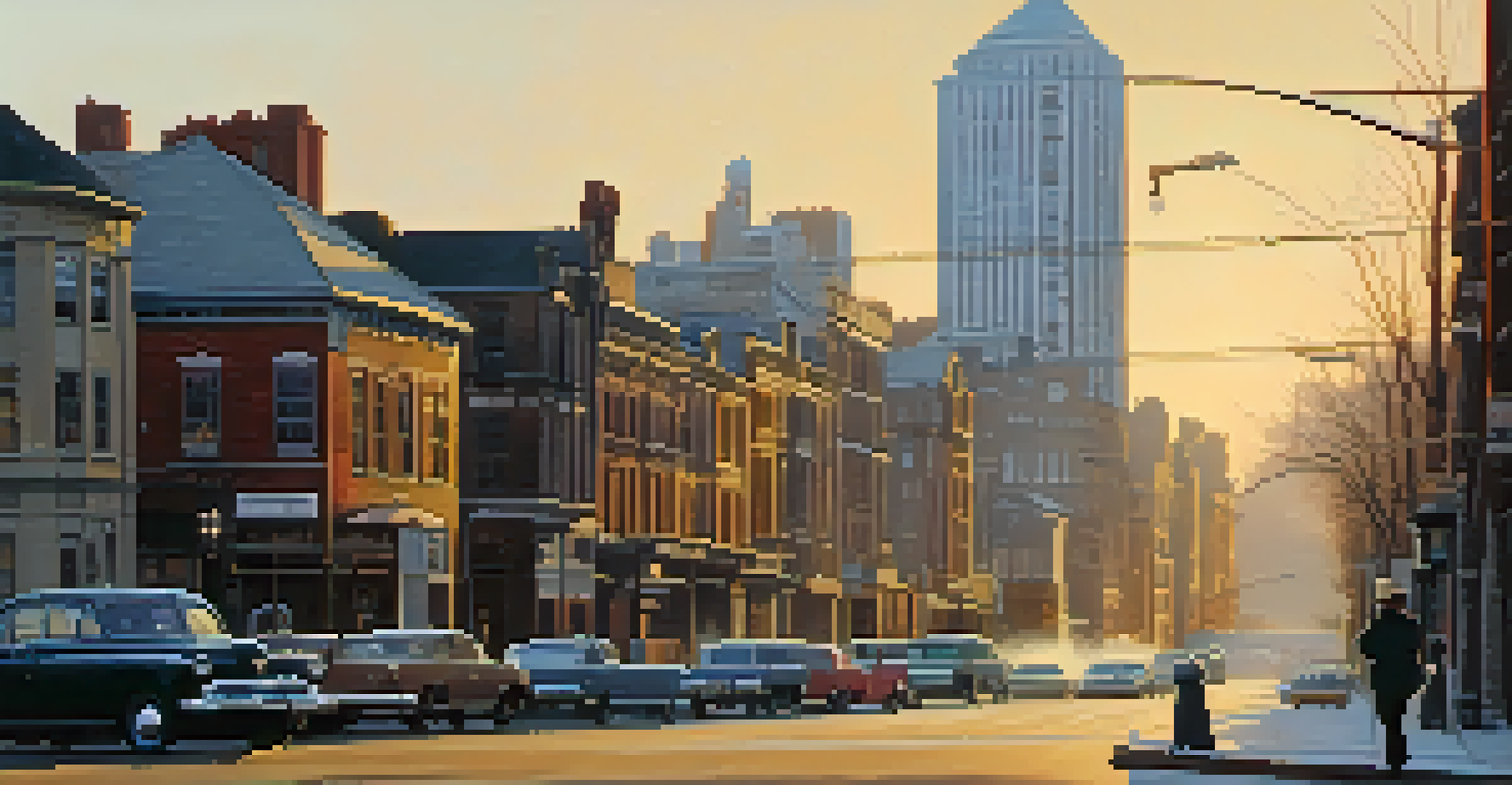 A modern high-rise building overshadowing a historic district, with pedestrians admiring the vintage structures in warm sunset light.