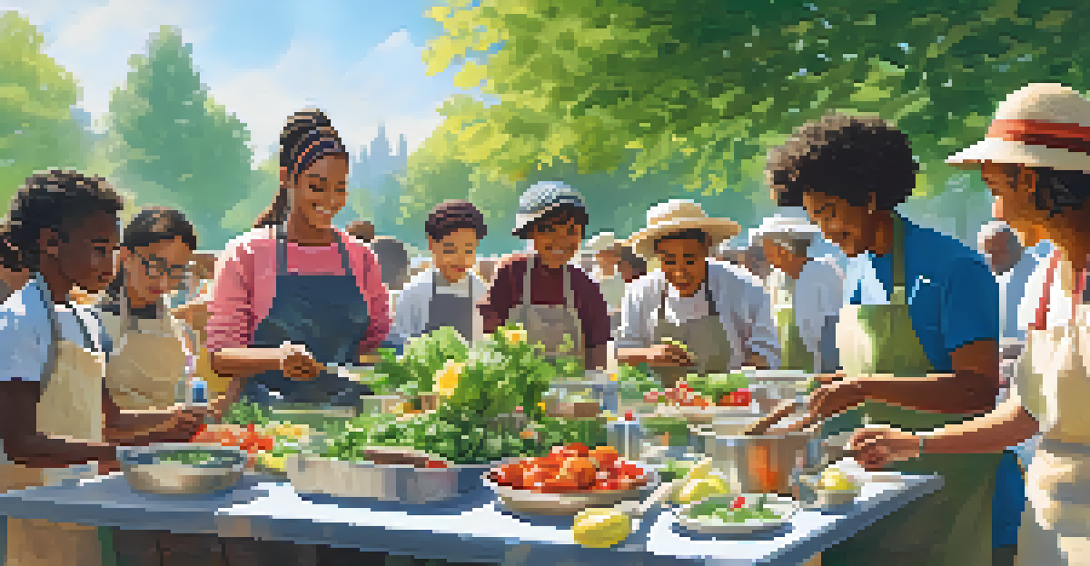 A joyful community cooking workshop held outdoors, with people preparing meals together at a long table.