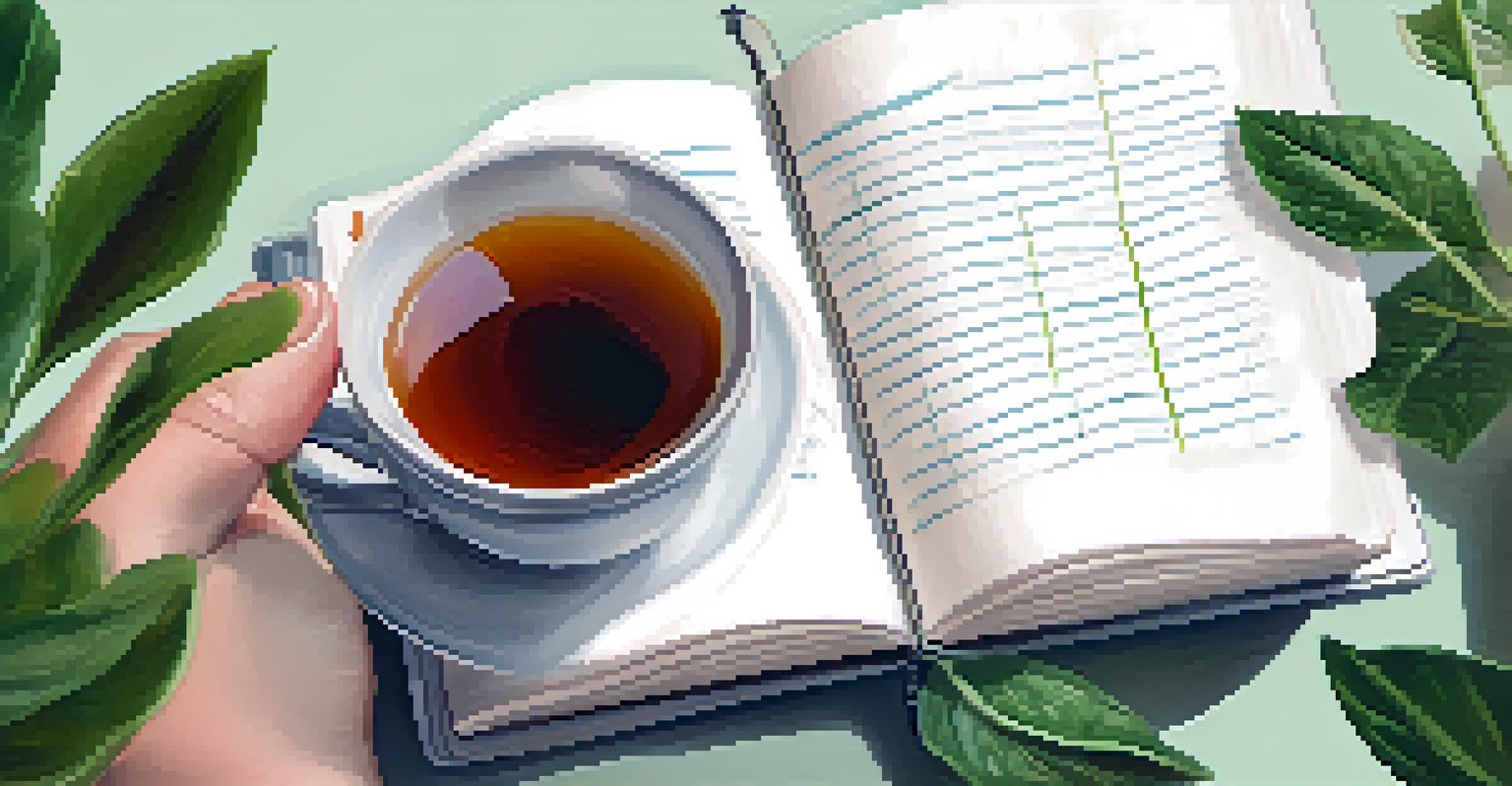 A close-up view of a hand holding a notebook filled with notes from a mindfulness workshop, with a calming background of a plant and a cup of tea.
