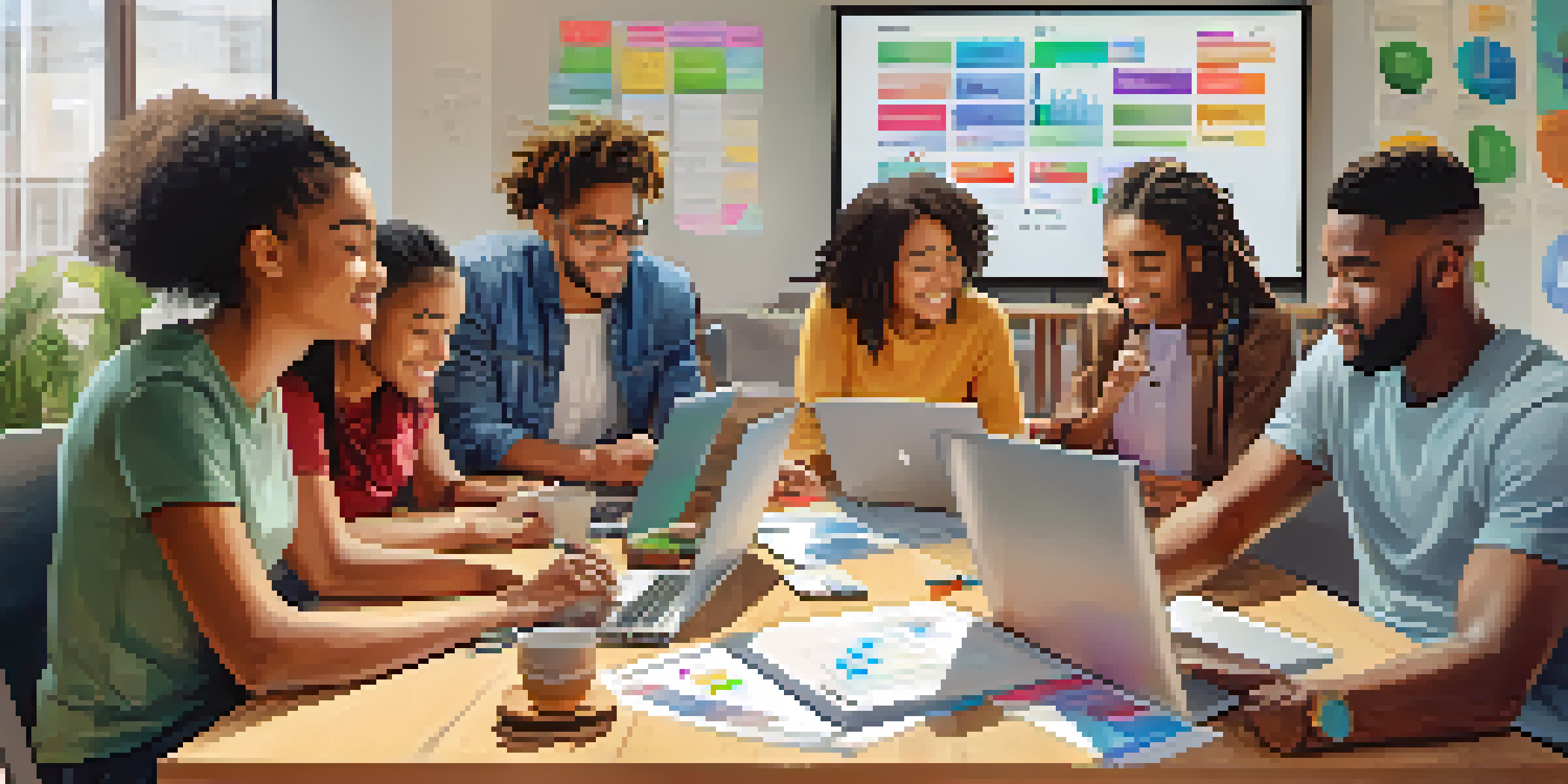 A diverse group of young adults participating in a financial literacy workshop, surrounded by laptops and a large screen showcasing a budgeting app, in a bright and inviting room.