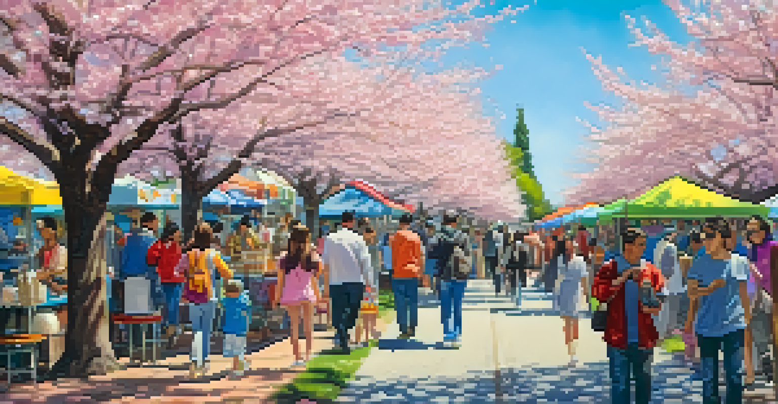 A lively festival atmosphere with blooming cherry blossom trees, colorful market stalls, and people celebrating together.