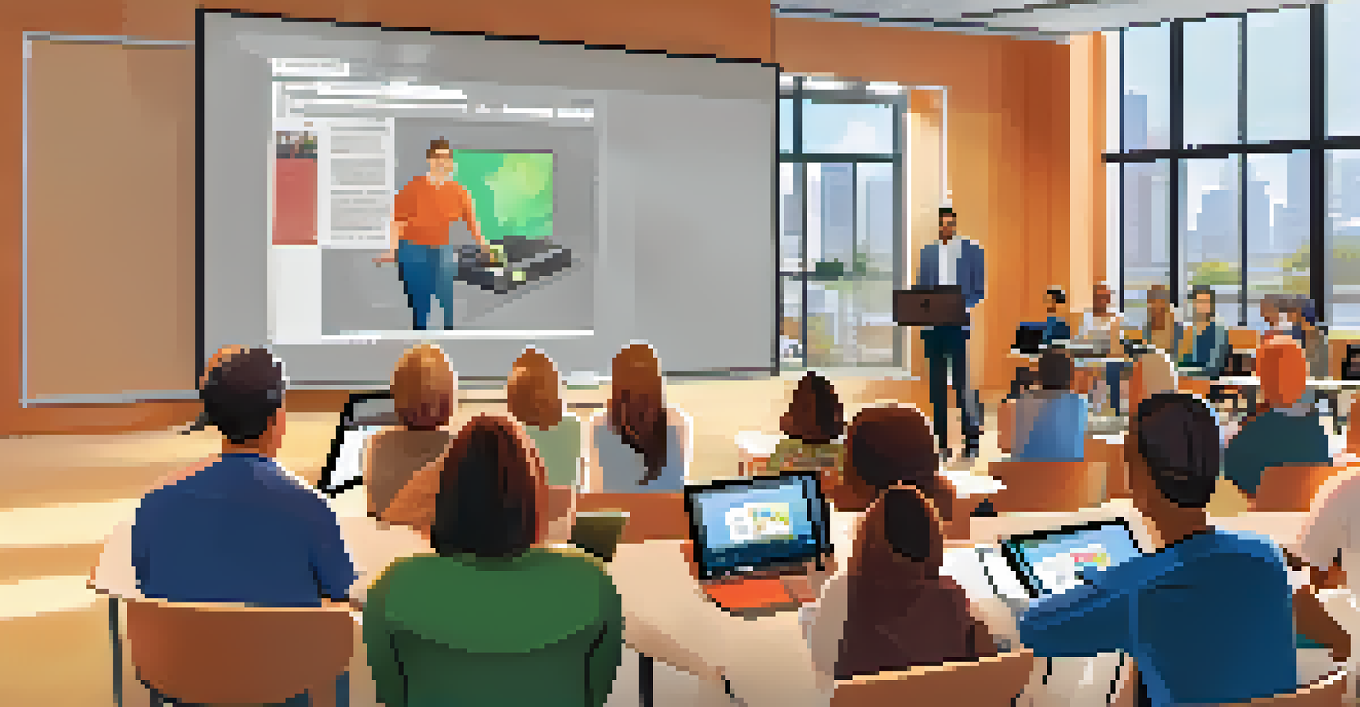 A workshop where parents and educators are learning about digital literacy, featuring a presenter and attendees engaging with technology.