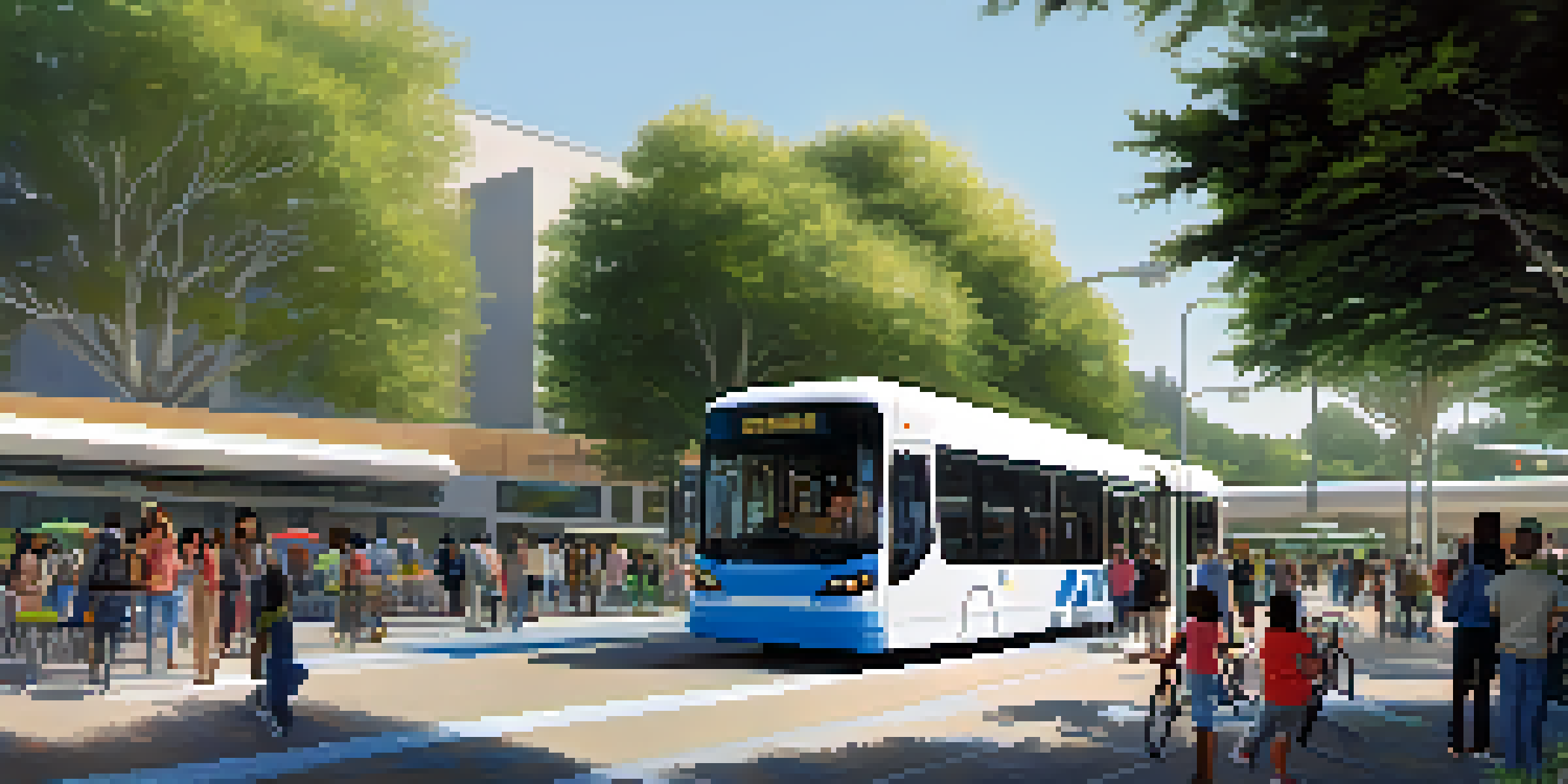 A busy transit hub in Cupertino with a modern shuttle bus and diverse people waiting, surrounded by bike lanes and green spaces, under bright sunlight.