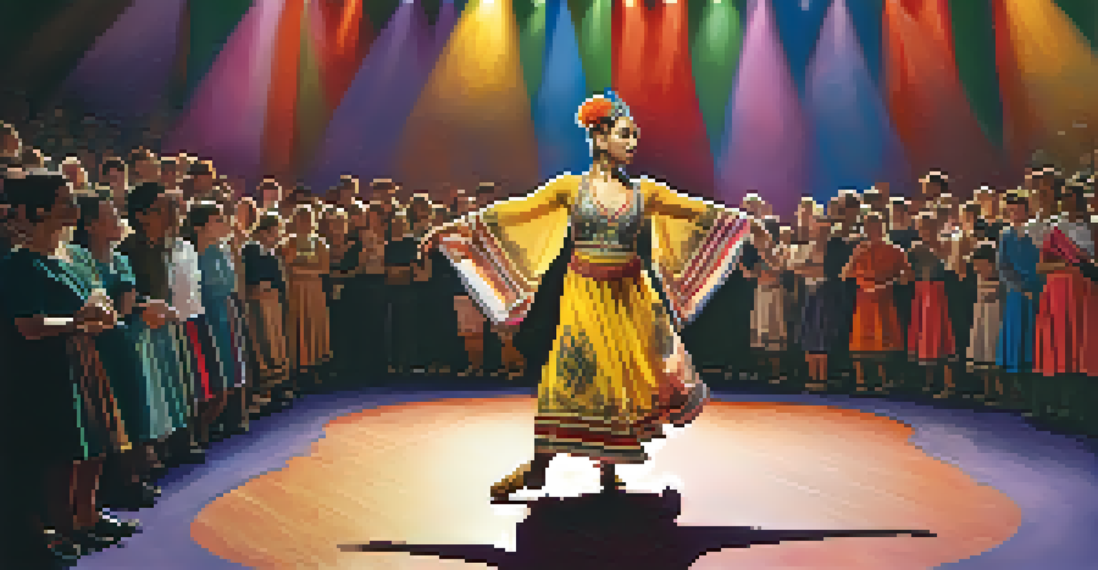 An artist performing traditional dance at a festival, with an engaged audience.