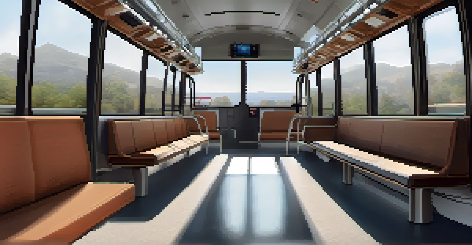 The interior of a modern shuttle bus in Cupertino, featuring spacious seating, wheelchair ramps, and bright lighting with a view of the city through large windows.