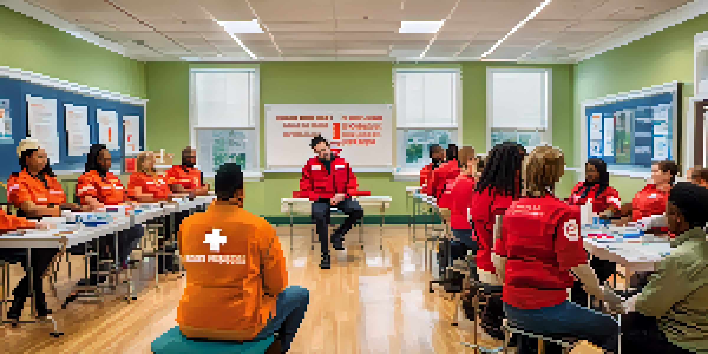A group of diverse people participating in a first aid training session during an emergency preparedness workshop.