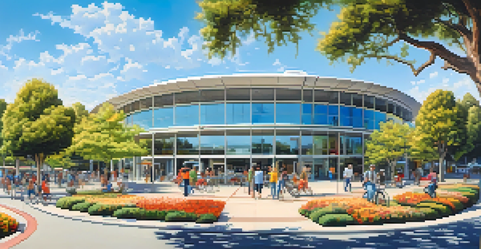 A panoramic view of Cupertino with modern buildings, green spaces, and people engaging in outdoor activities.