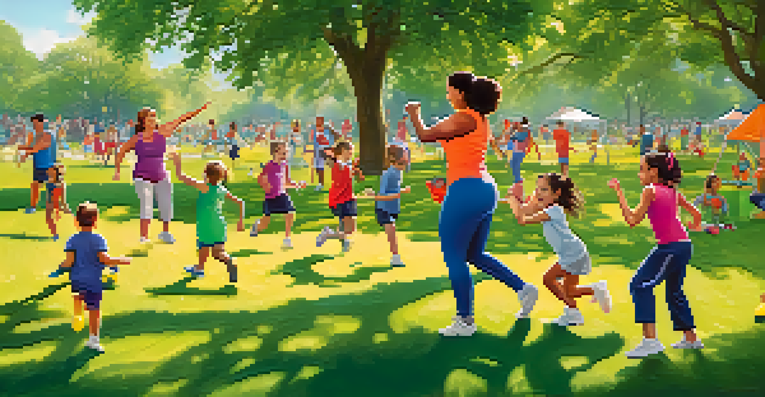 Families enjoying a fitness day in the park, with children playing games and parents engaging in activities.