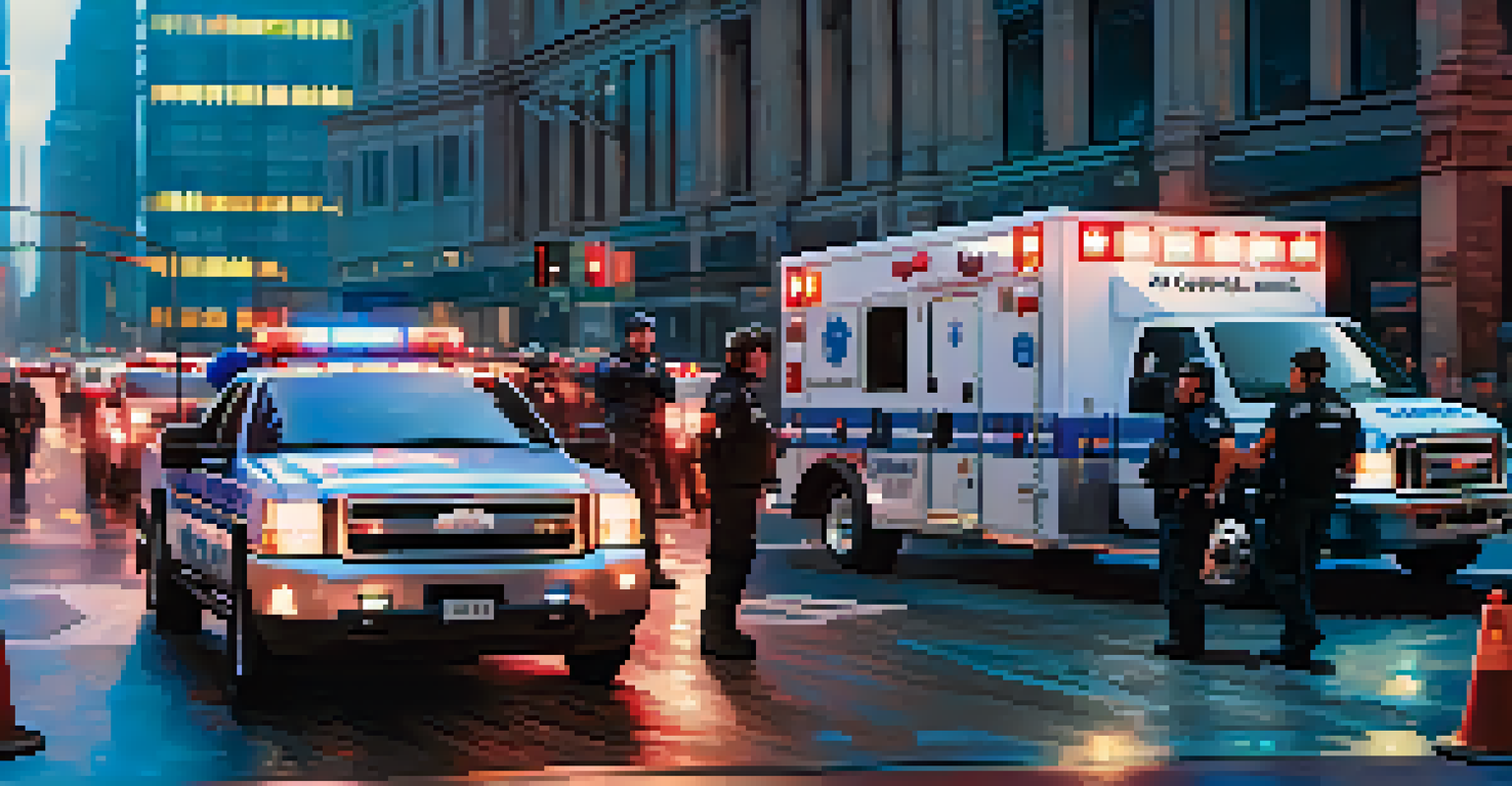 An ambulance responding to an emergency in a busy urban area, with first responders using smart technology.