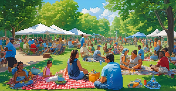 A diverse group of people enjoying a sunny day in a park, participating in games and sharing stories, surrounded by greenery and colorful picnic blankets.