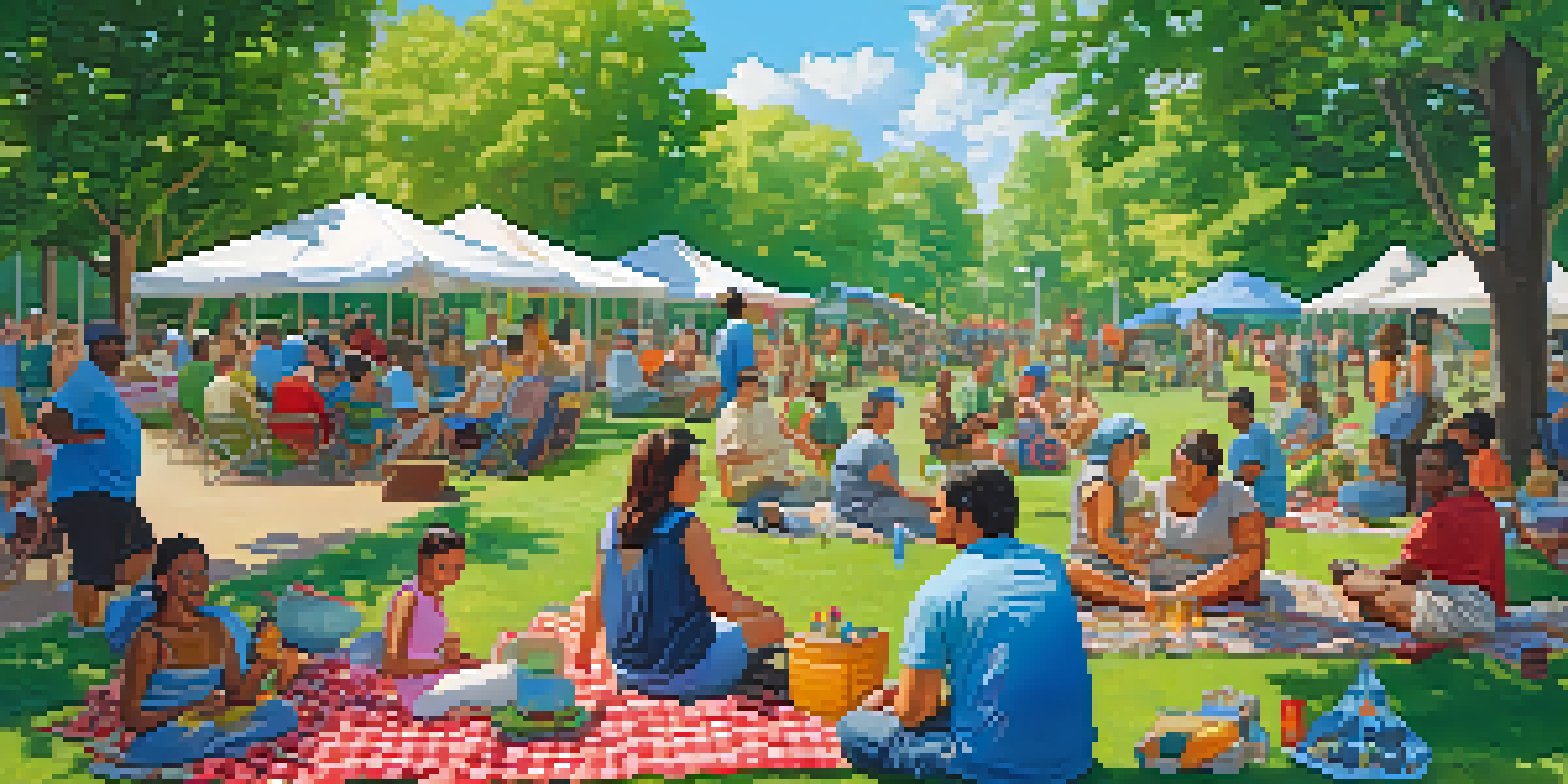 A diverse group of people enjoying a sunny day in a park, participating in games and sharing stories, surrounded by greenery and colorful picnic blankets.