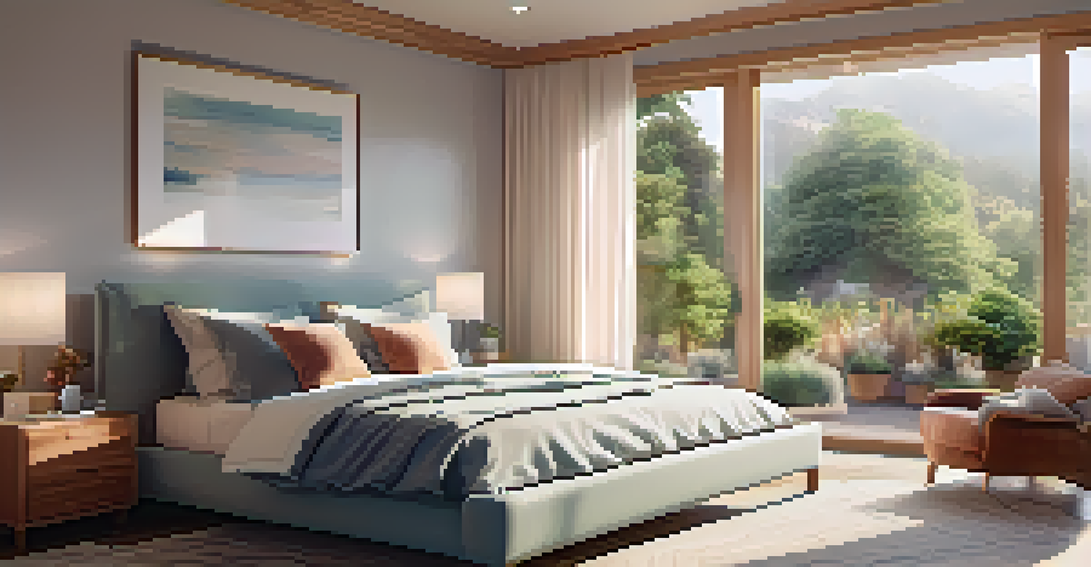 A tranquil bedroom with a user controlling smart home devices using voice commands, surrounded by soft textures and a soothing color scheme.