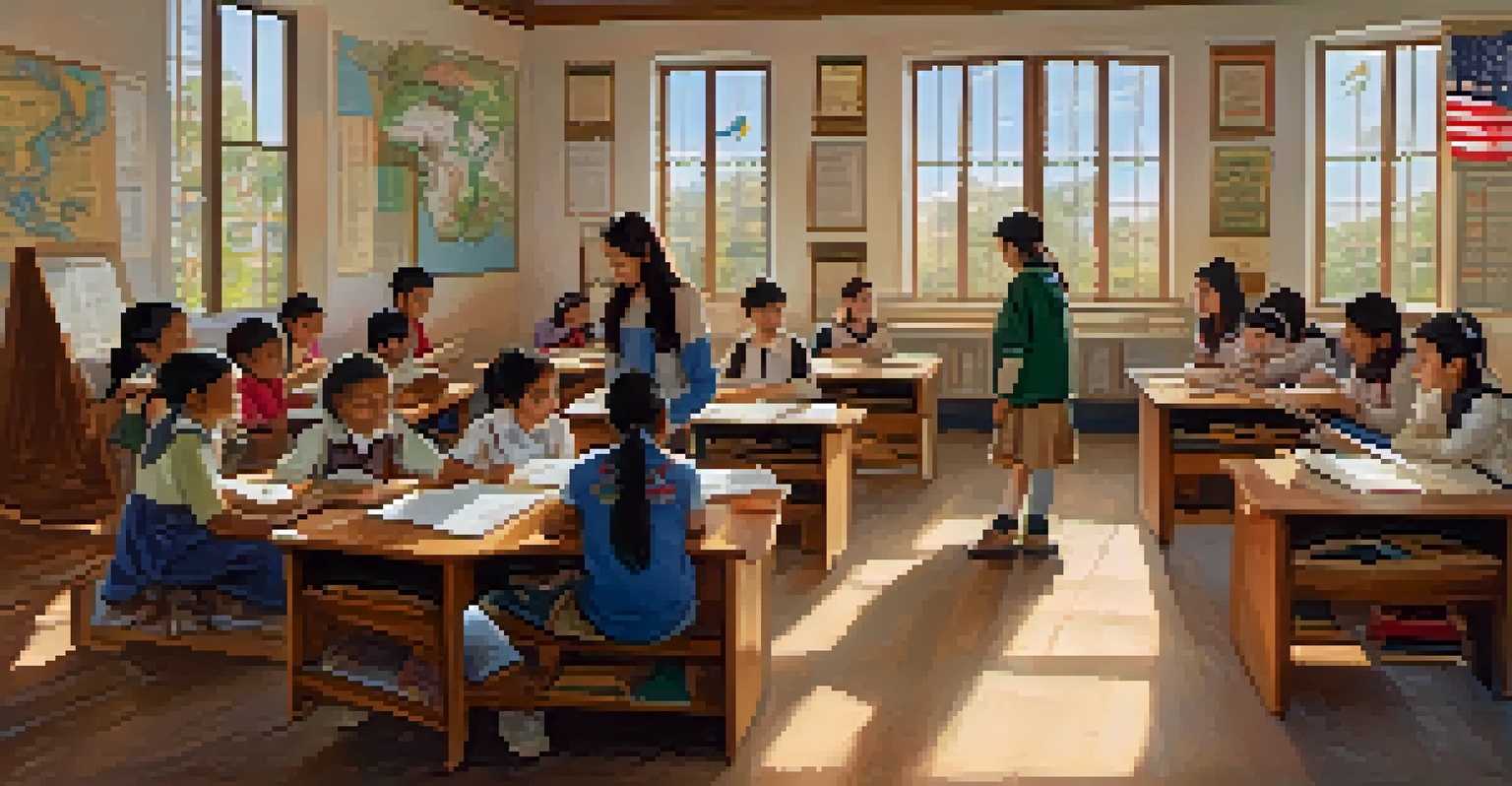 Students from diverse backgrounds participating in a language learning class with cultural displays in a warm classroom setting.