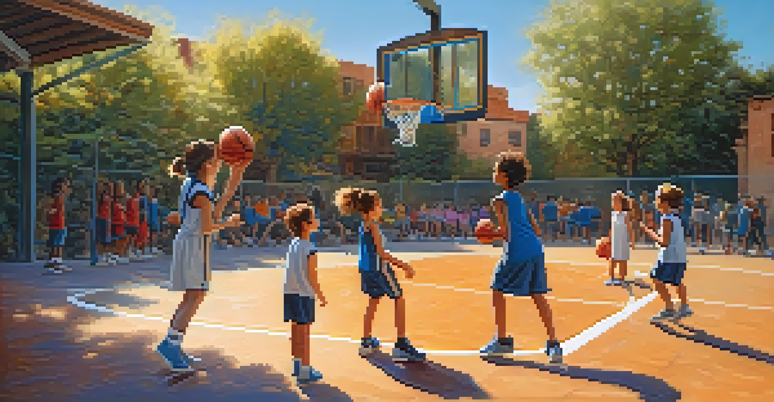 A young girl shooting a basketball while her teammates watch and cheer on an outdoor court under a sunny sky.