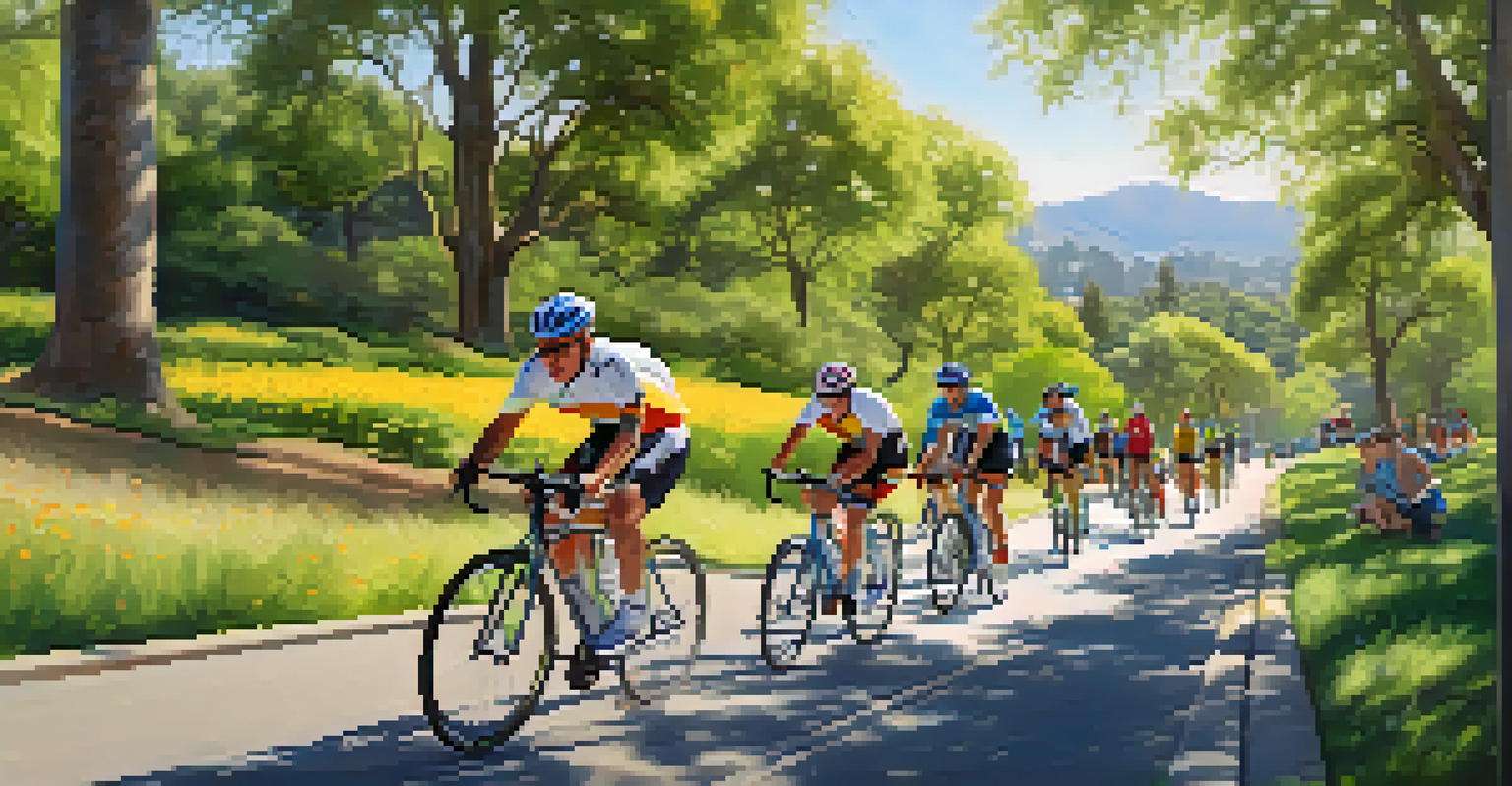 A group of cyclists of different skill levels riding together on a sunny day, surrounded by greenery and city skyline.