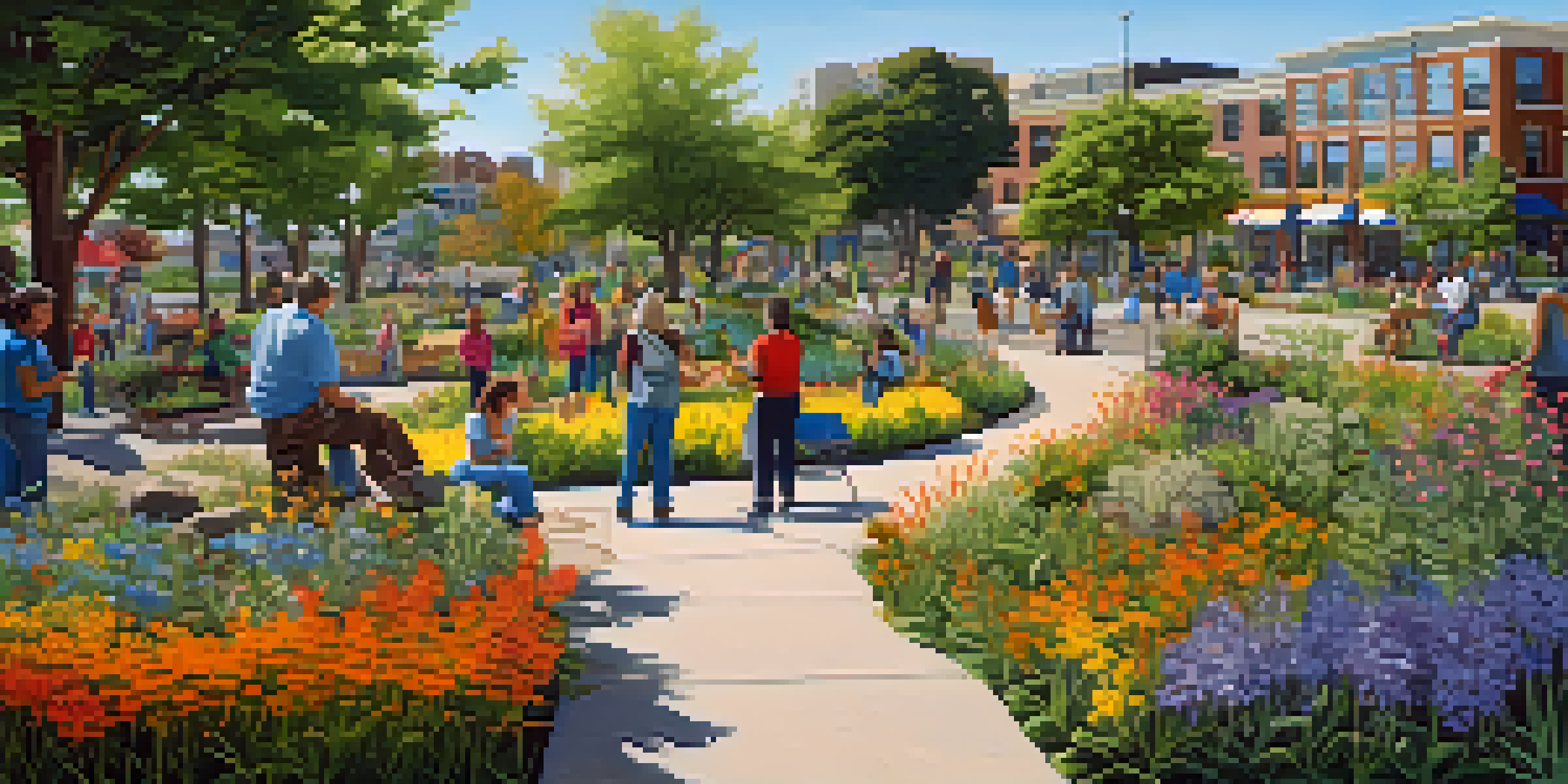 A lively urban park filled with native plants, wildflowers, and local wildlife, with community members participating in a gardening workshop.