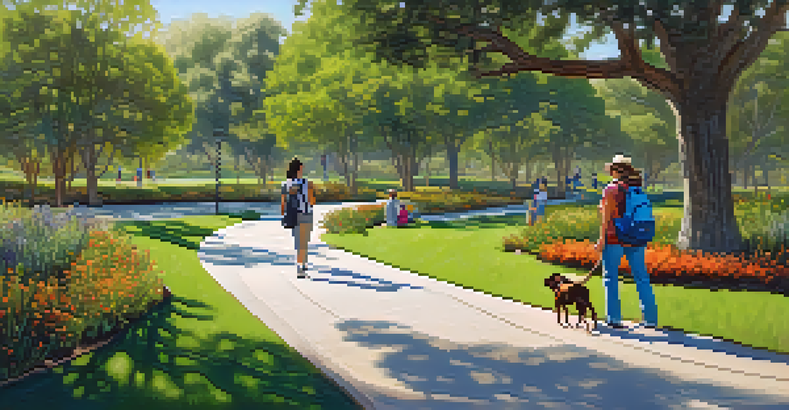 A scenic walking trail in a Cupertino park with people walking their dogs and families having a picnic.