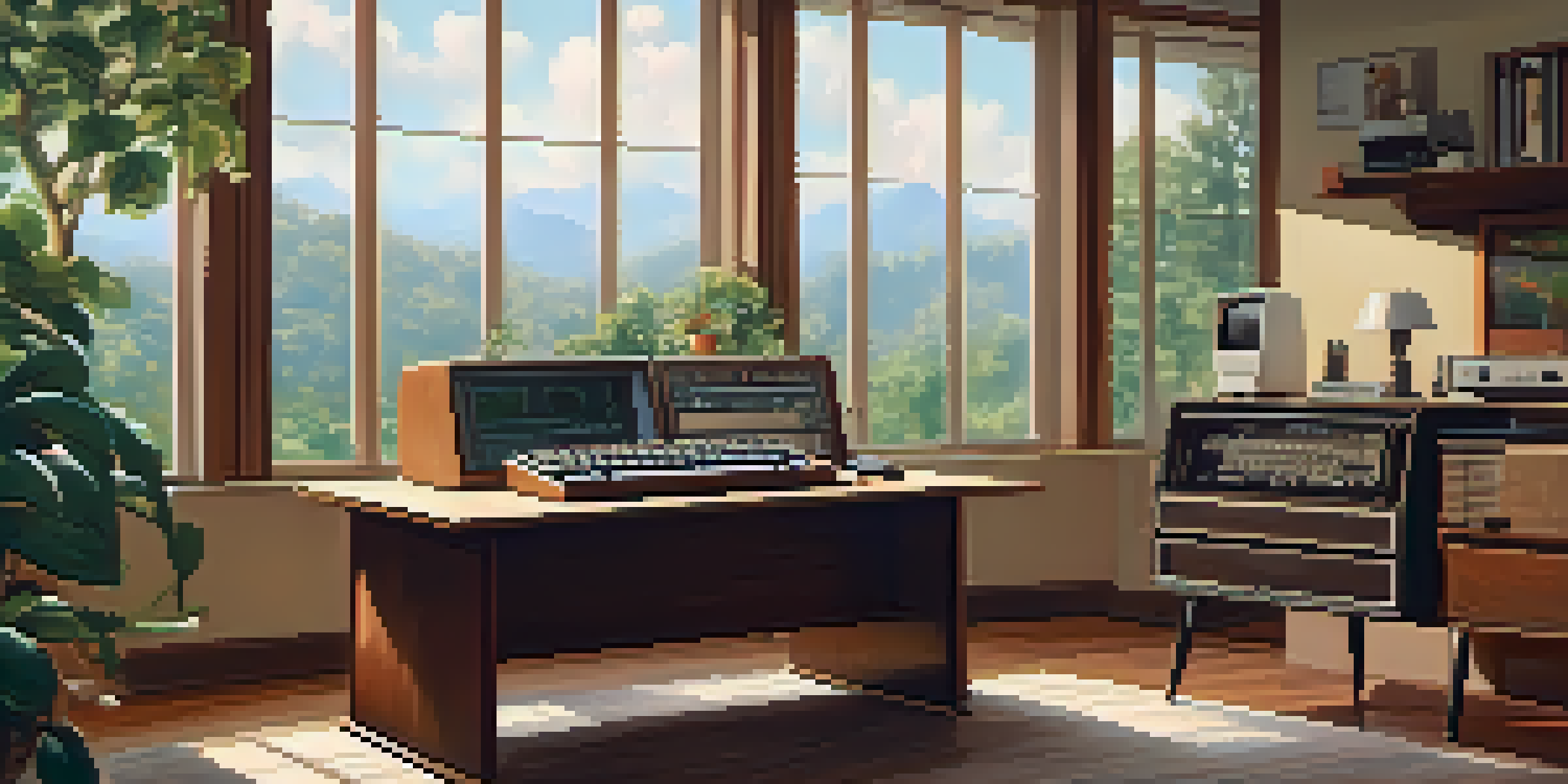 A vintage 1970s workspace with an original Apple I computer, warm lighting, and a view of trees outside.