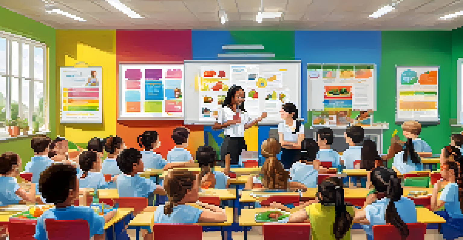 Volunteers conducting a health education workshop with students in a colorful classroom setting.