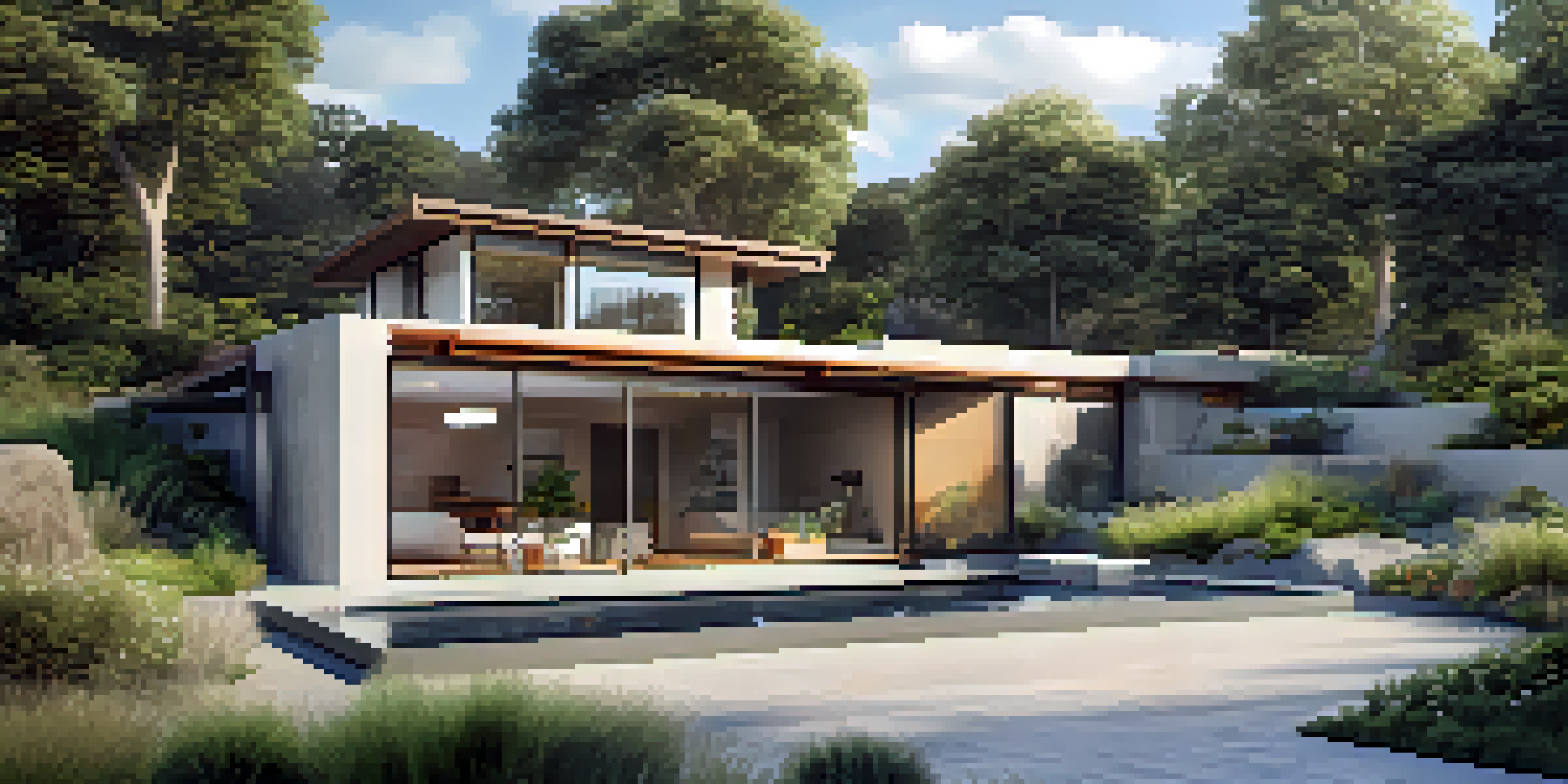 A contemporary home with an integrated rainwater harvesting system on the roof, surrounded by drought-resistant plants under a clear sky.