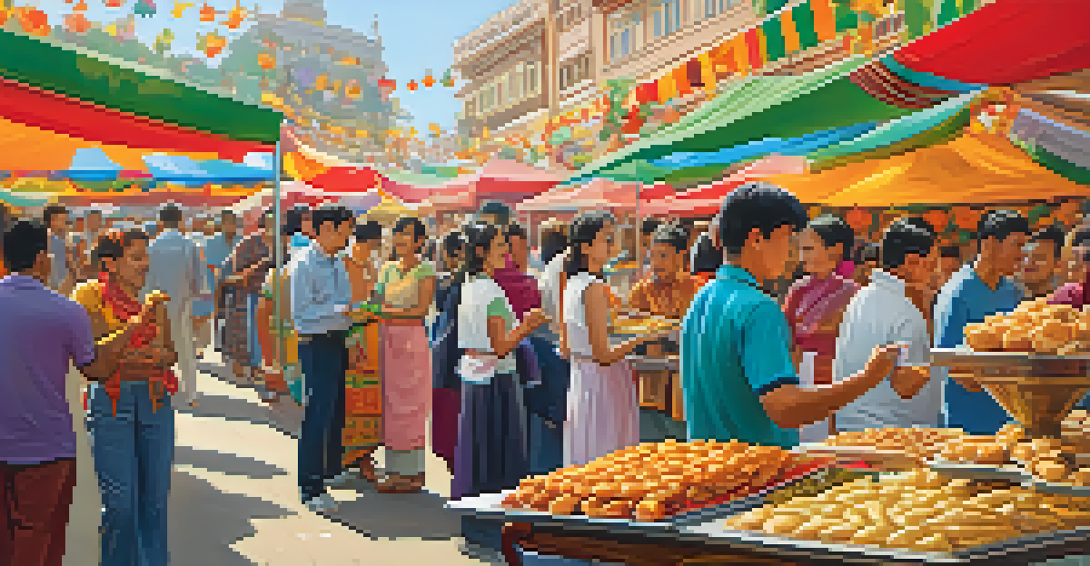 A lively food festival with colorful stalls and people enjoying diverse dishes from various cultures.