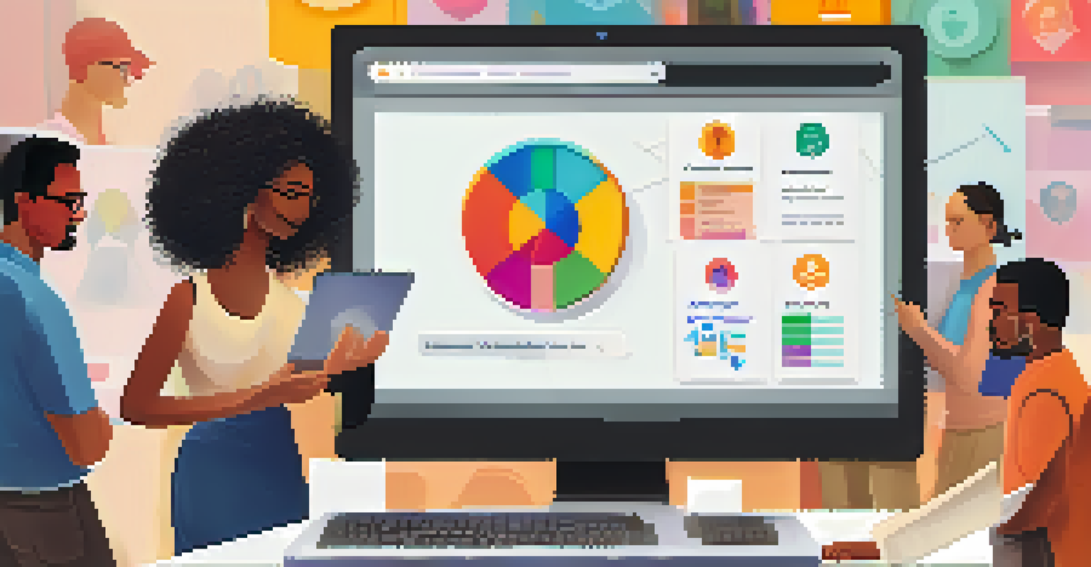 A computer screen showing a public feedback platform with various engagement icons, surrounded by a diverse group of people.