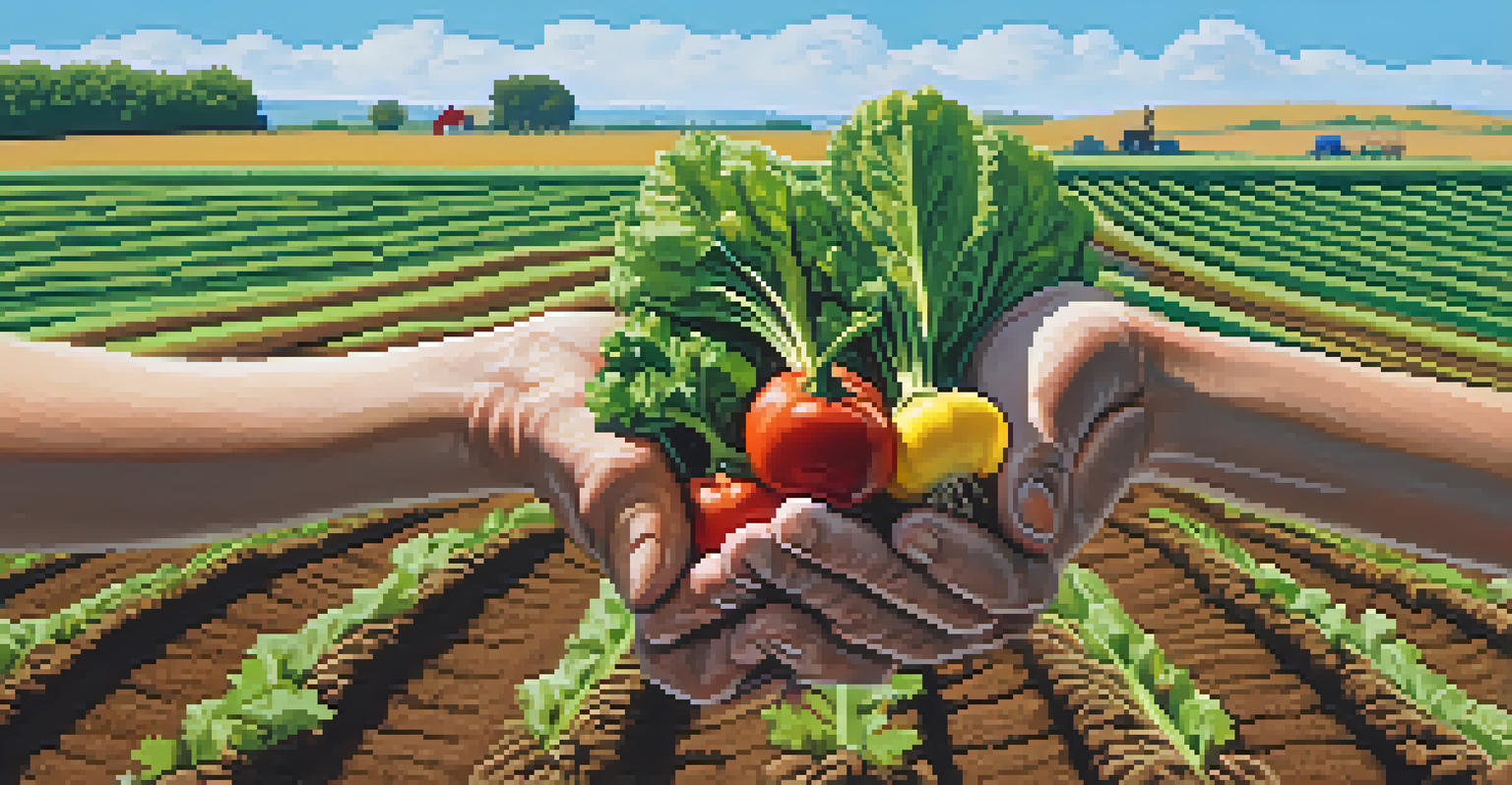 A close-up of a farmer's hands holding freshly harvested organic vegetables against a green field.