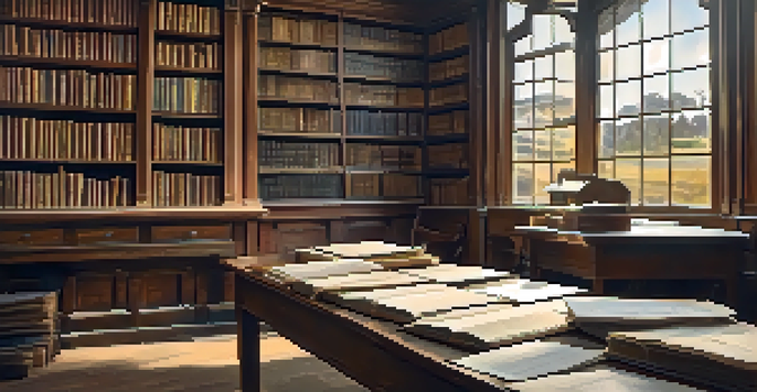 A warm and inviting archive room filled with shelves of old documents and photos, with a wooden table in the center and soft lighting.
