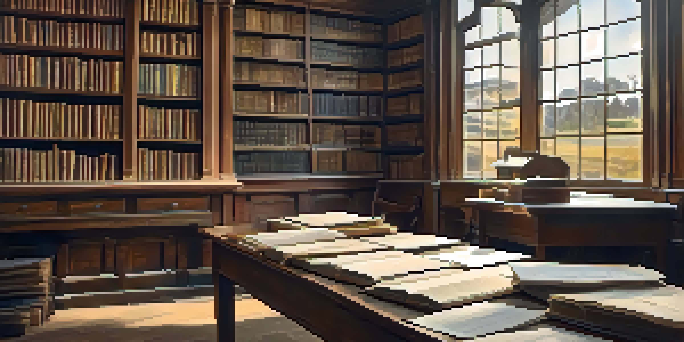 A warm and inviting archive room filled with shelves of old documents and photos, with a wooden table in the center and soft lighting.