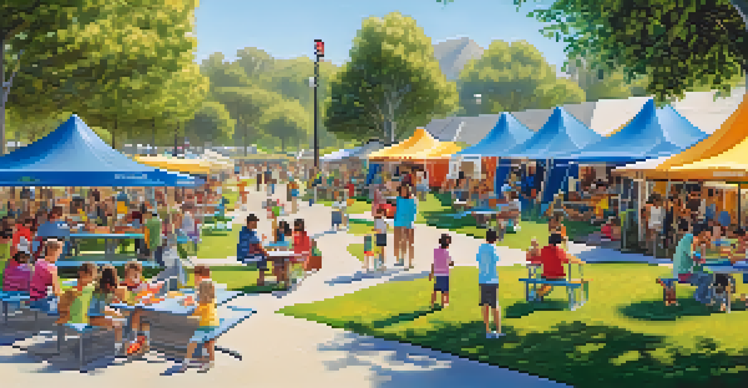 Families enjoying an outdoor community event with free Wi-Fi zones, colorful tents, and children playing.