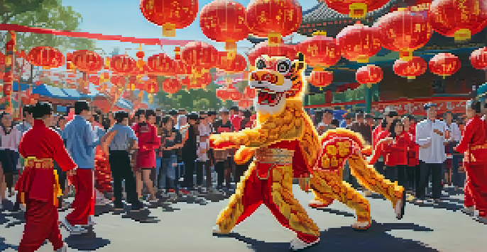 A lively parade at the Cupertino Lunar New Year Festival, featuring colorful lion dancers and families enjoying the festivities.