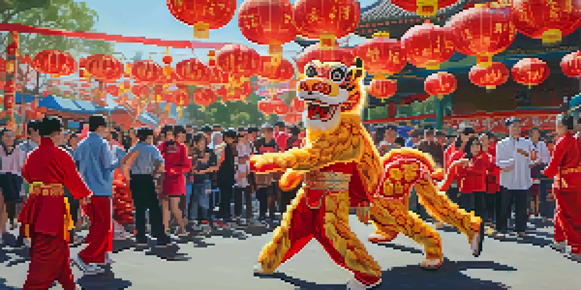 A lively parade at the Cupertino Lunar New Year Festival, featuring colorful lion dancers and families enjoying the festivities.