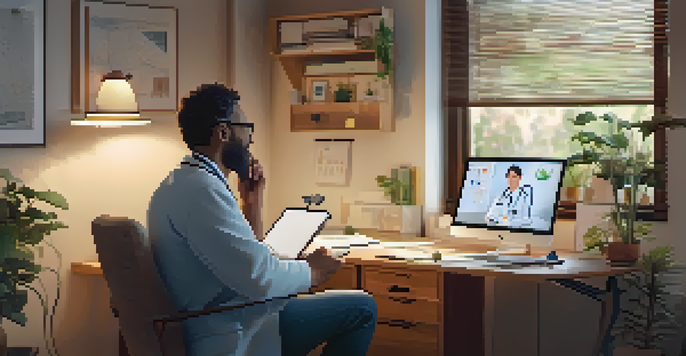 A doctor and a patient having a video call consultation, with a bright and inviting atmosphere.