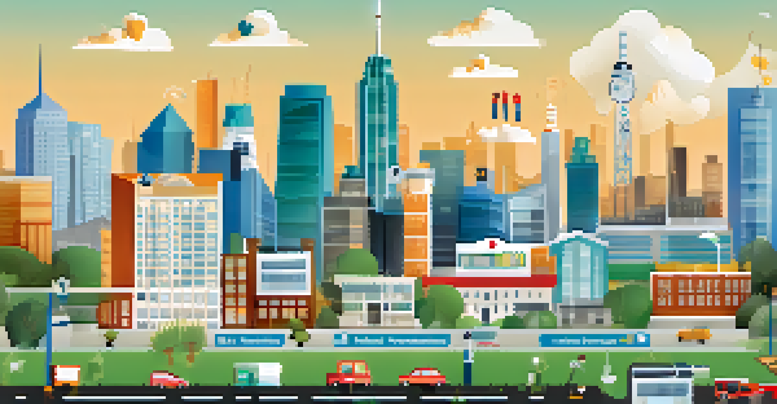 An infographic showing icons for vaccination reminders, educational resources, and telemedicine, with a city skyline in the background.