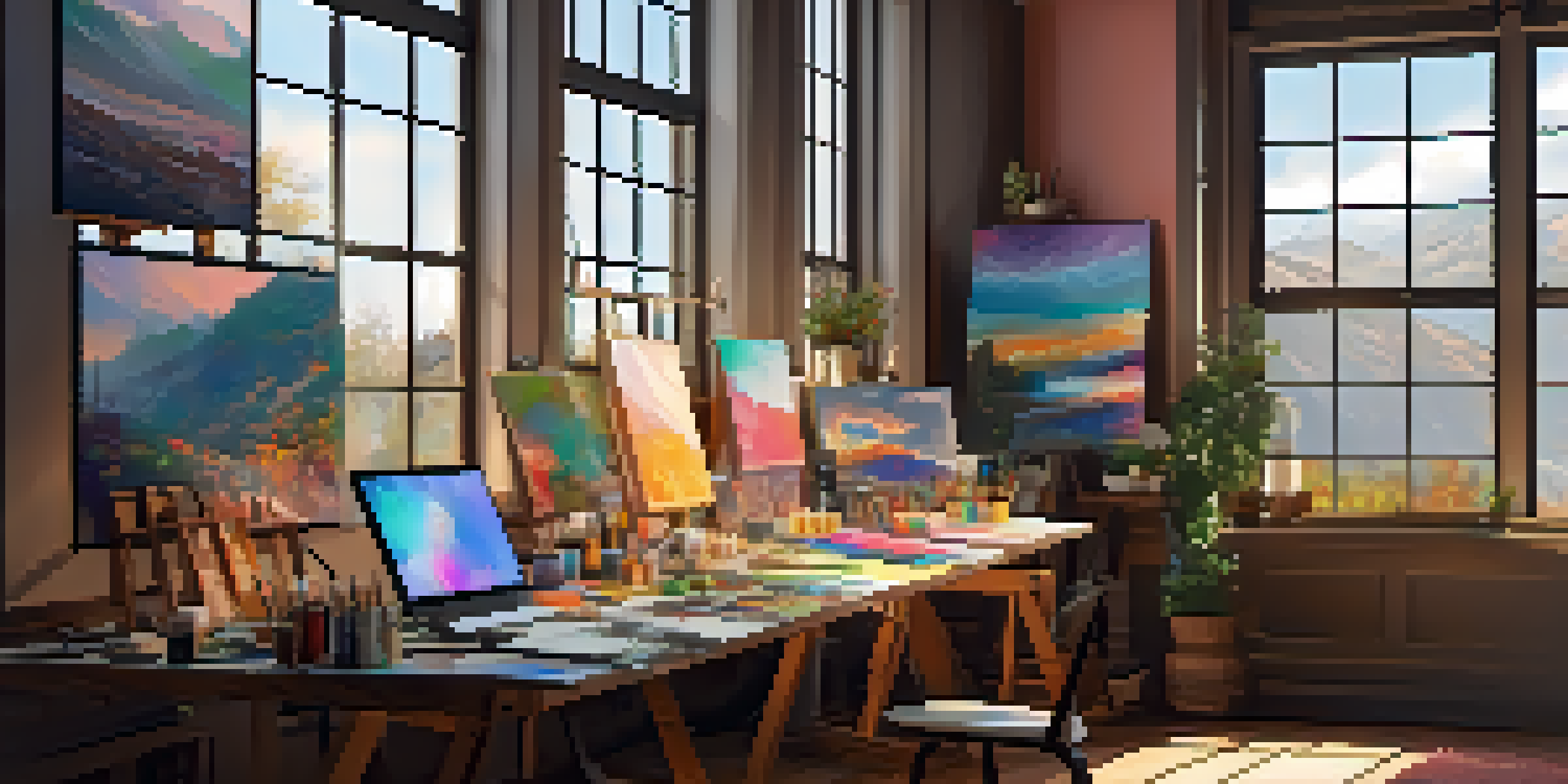 A lively artist's studio showcasing various colorful artworks, art supplies, and a digital screen suggesting colors, illuminated by soft, natural sunlight.