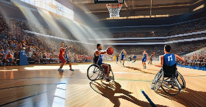 A lively wheelchair basketball game with athletes in action, surrounded by an enthusiastic crowd and bright sunlight streaming through.
