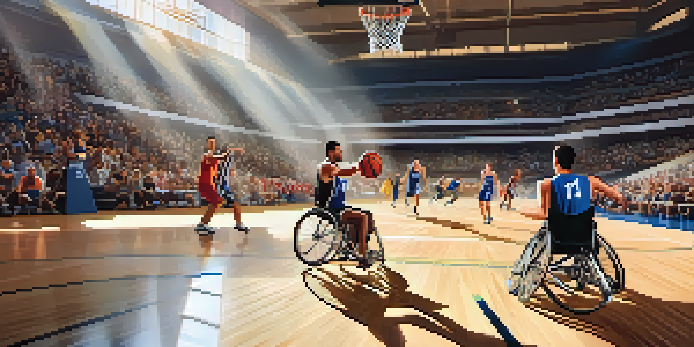 A lively wheelchair basketball game with athletes in action, surrounded by an enthusiastic crowd and bright sunlight streaming through.