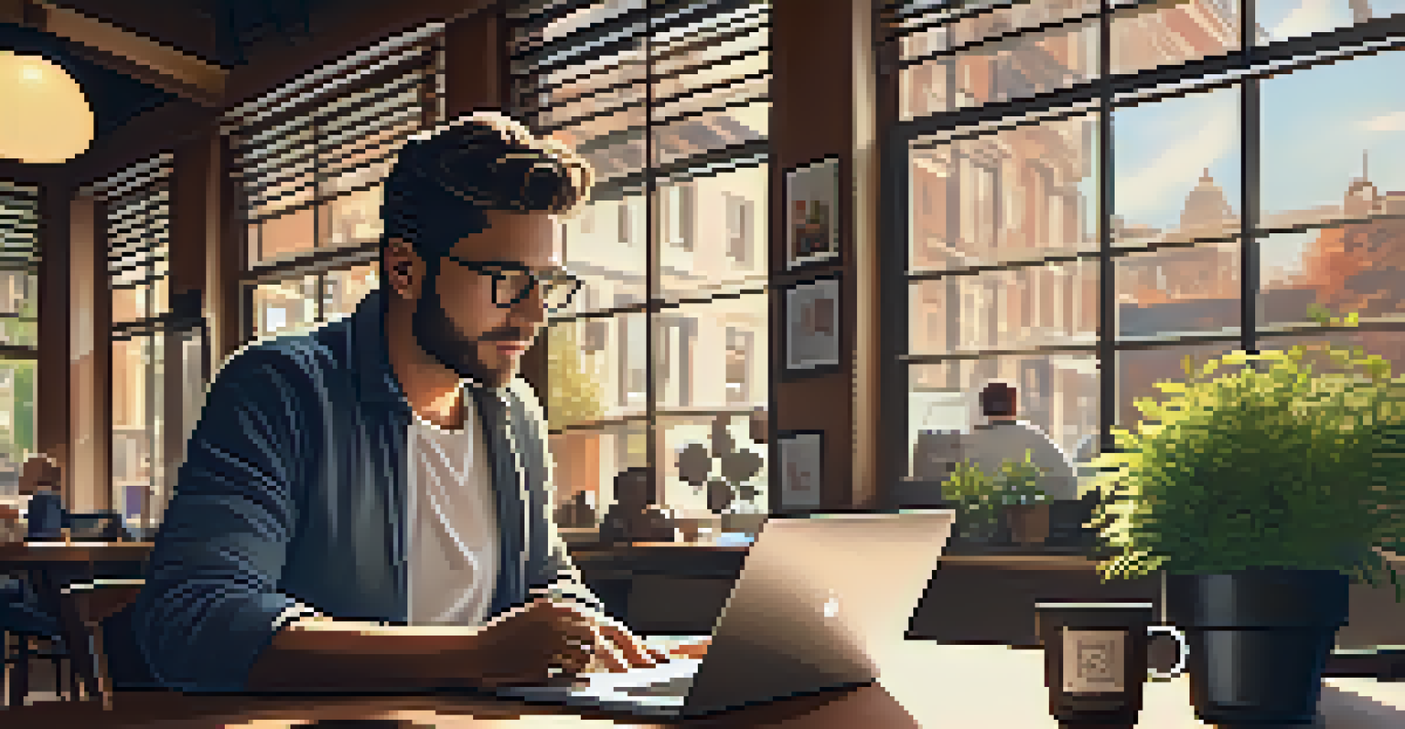 An entrepreneur working on a laptop in a cozy coffee shop with networking materials around.