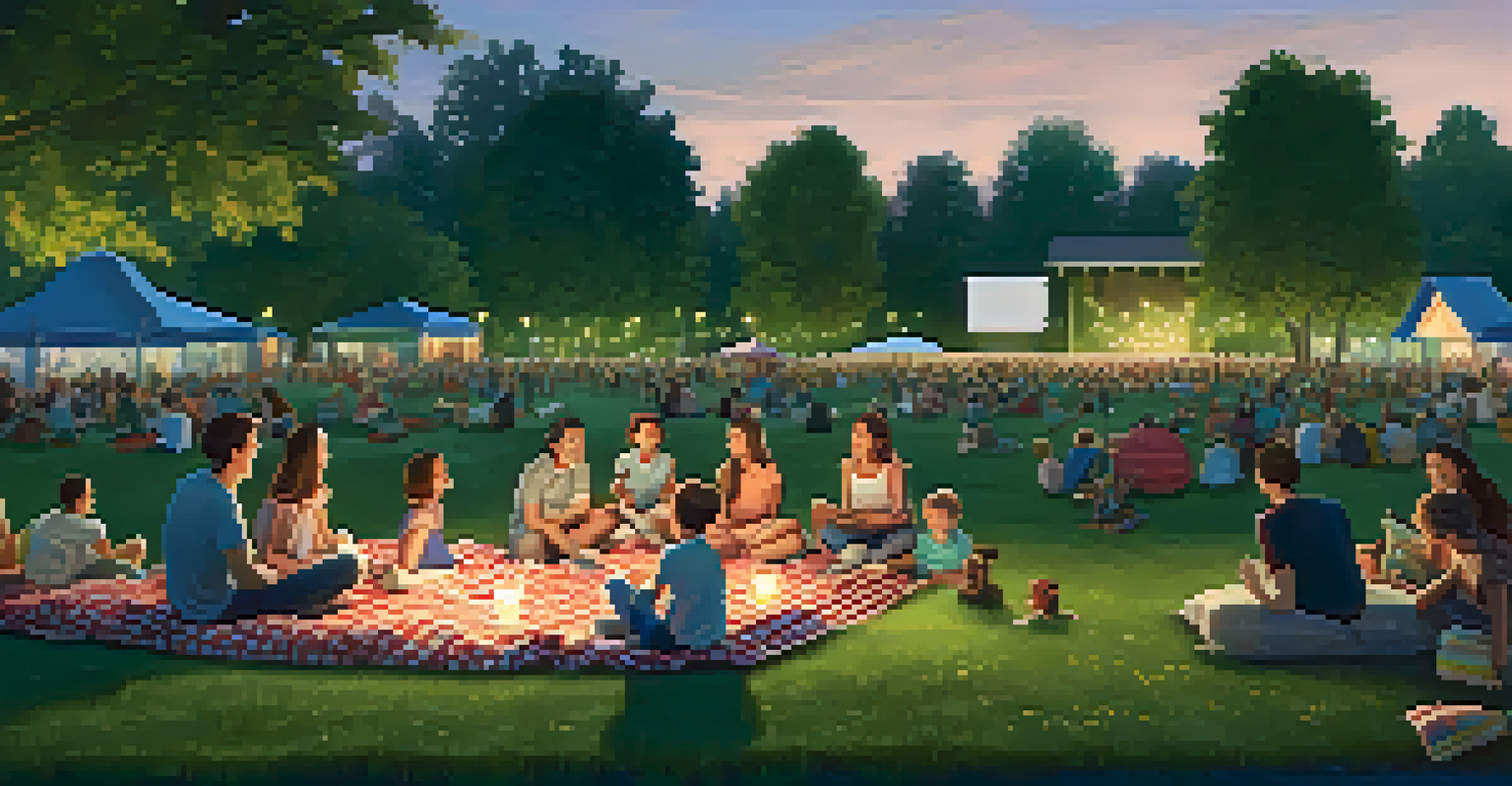 A cozy evening in a city park with families enjoying an outdoor movie night under string lights.