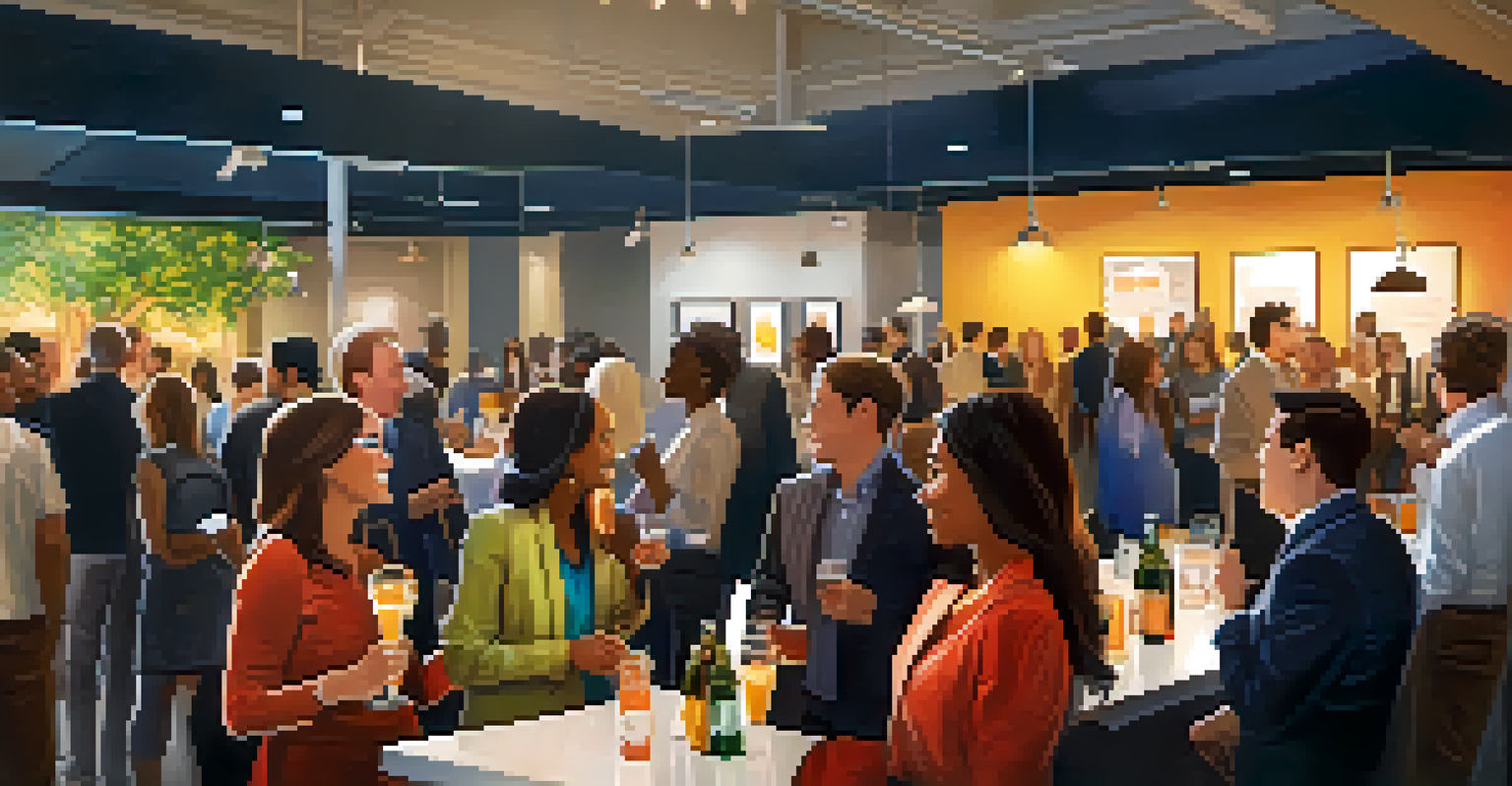 A networking event in Cupertino with entrepreneurs sharing ideas, featuring soft lighting and startup banners in the background.