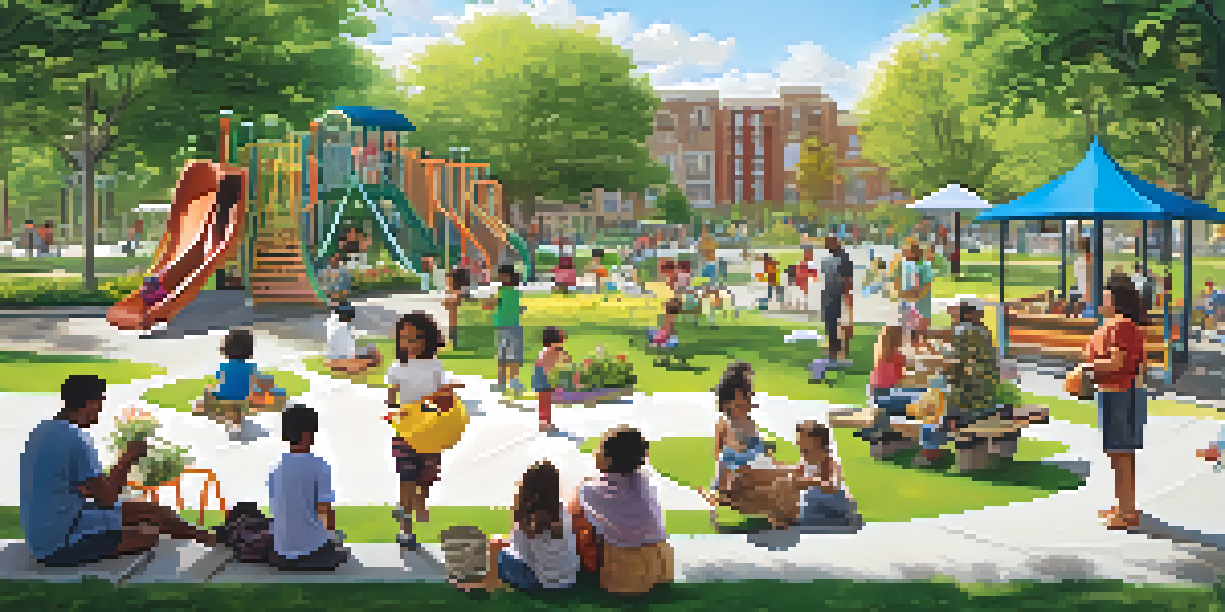 A lively urban park filled with people of different ages enjoying activities like playing, picnicking, and gardening, surrounded by greenery and flowers under a sunny sky.