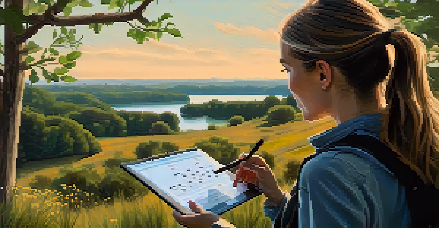 A woman in a nature reserve using a smartphone app to track wildlife, with binoculars and a notebook, surrounded by trees and wildflowers.