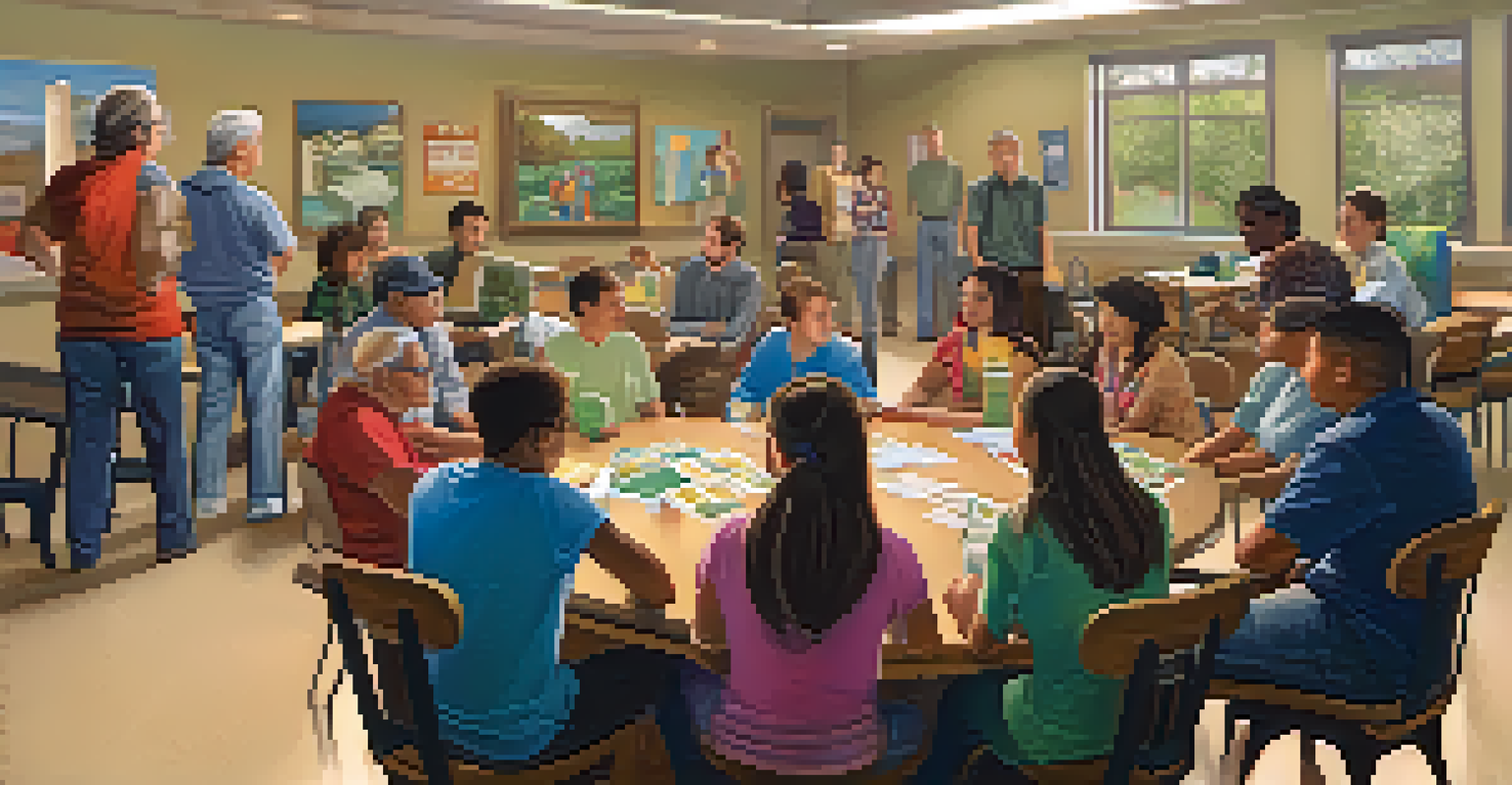 A neighborhood watch meeting in a cozy Cupertino community center with residents discussing safety strategies.