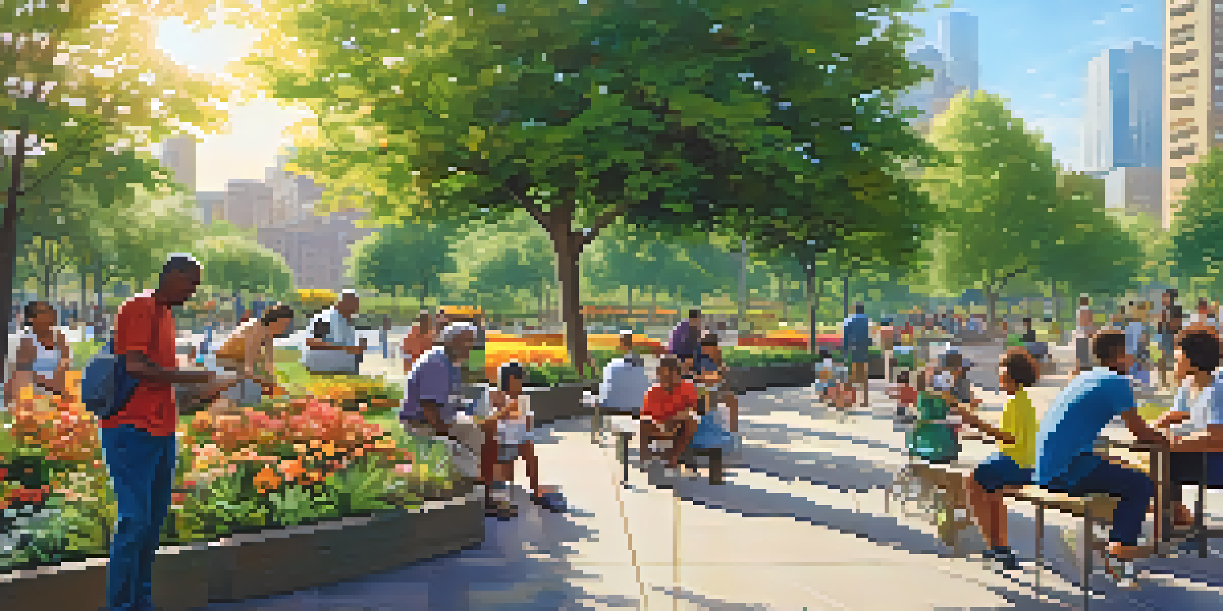 A lively urban park where people from diverse backgrounds are gardening, playing, and discussing community projects under warm sunlight.