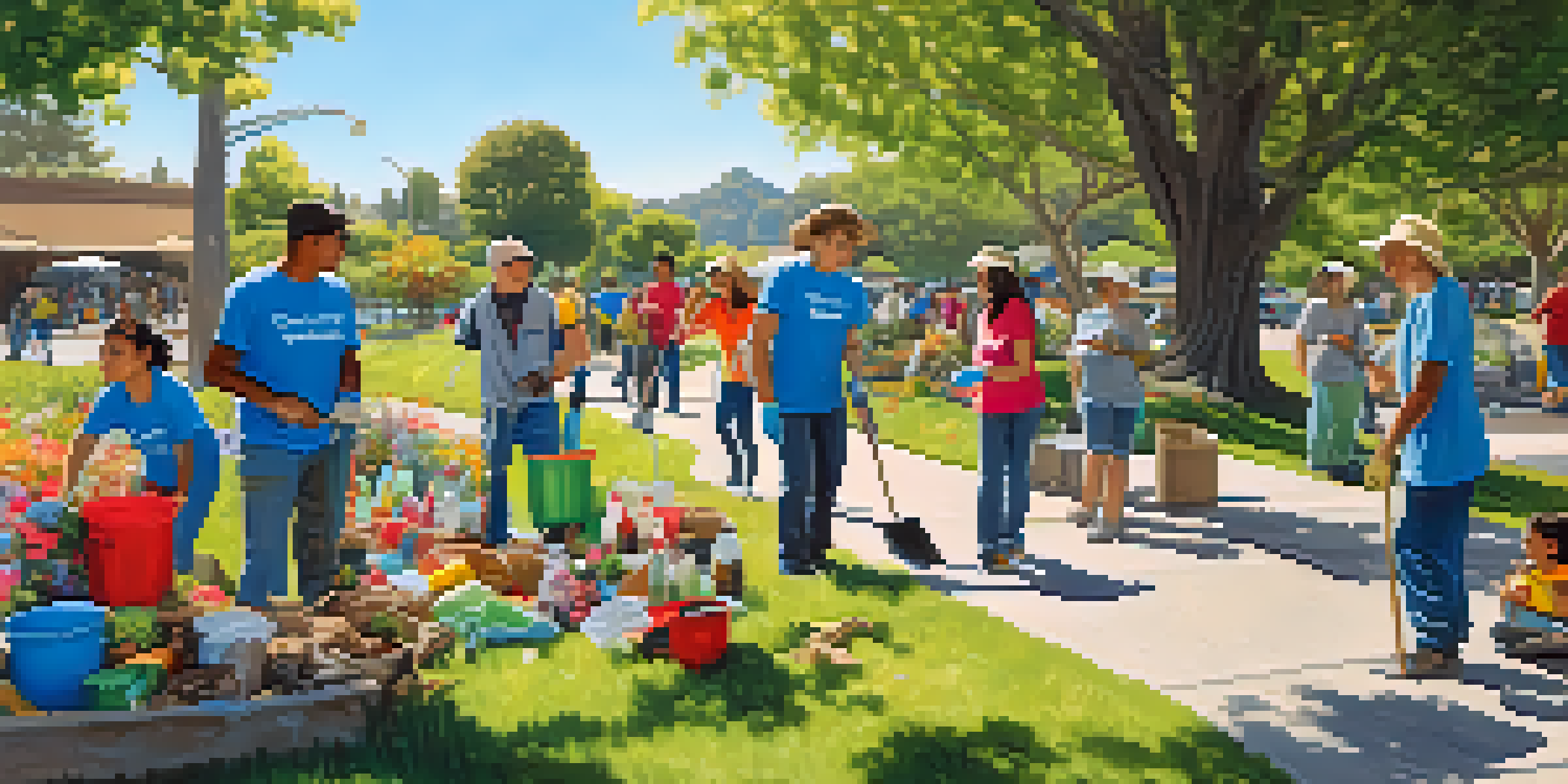 A group of diverse volunteers engaging in a community clean-up day in a sunny park, surrounded by trees and flowers, with smiles and camaraderie.