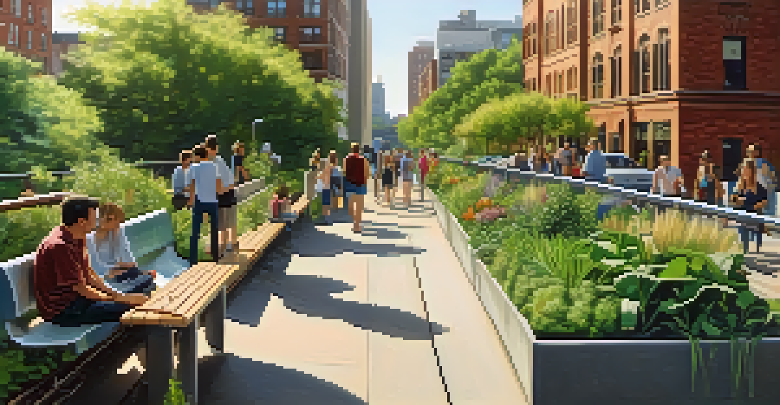 Visitors enjoying the High Line park in New York City, surrounded by greenery and art, with a view of the city skyline.