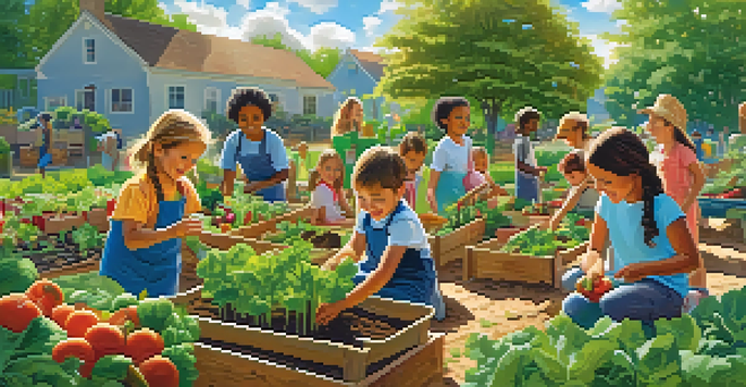 Children joyfully working in a community garden, planting and harvesting colorful vegetables under a sunny sky.
