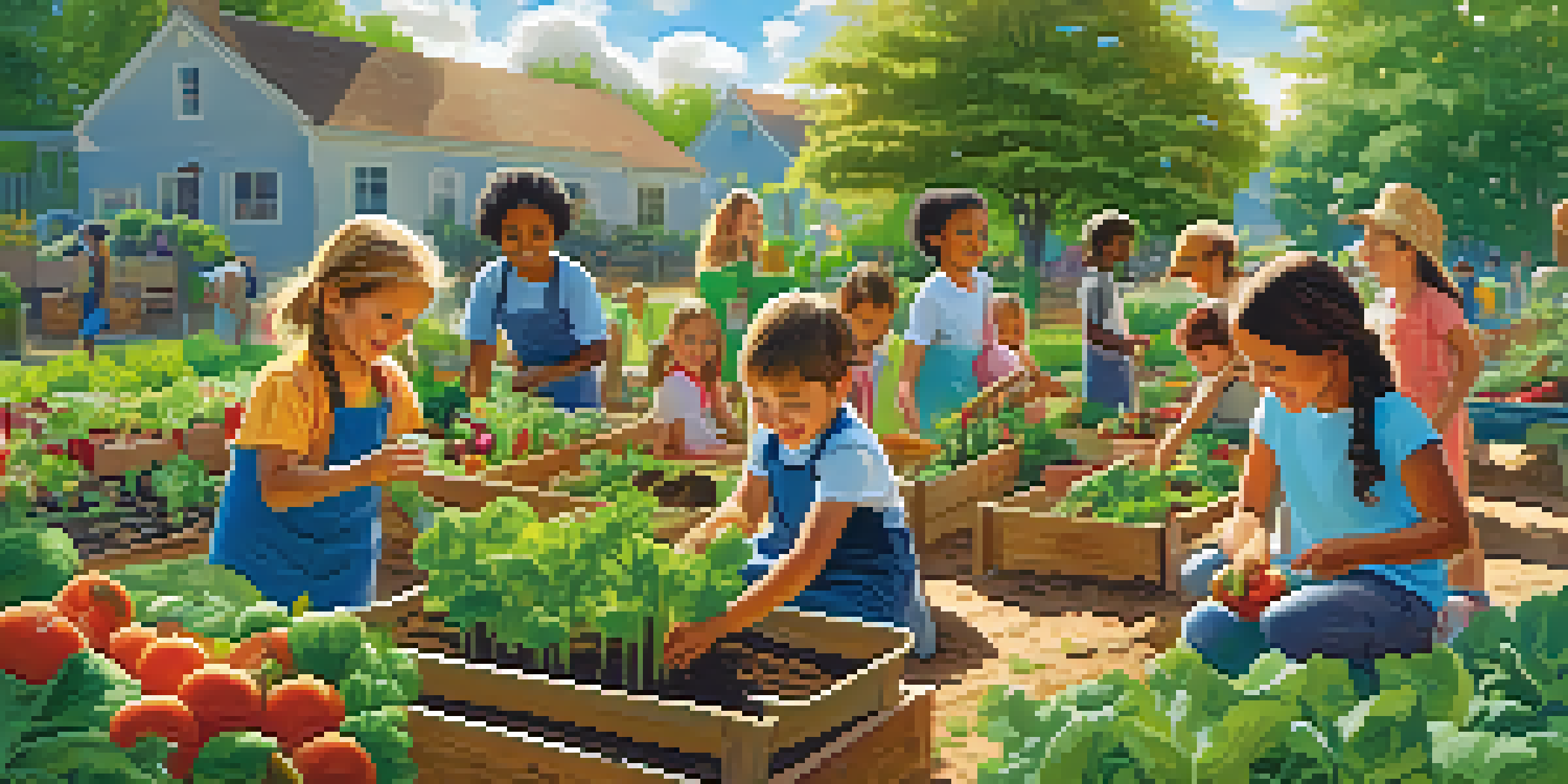 Children joyfully working in a community garden, planting and harvesting colorful vegetables under a sunny sky.