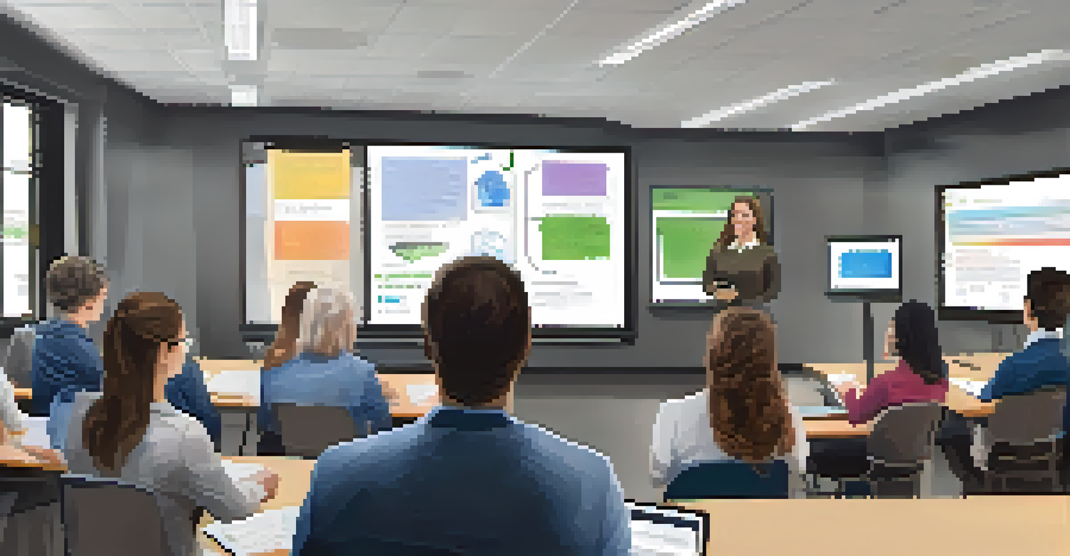 A teacher demonstrating educational software to a group of educators in a workshop setting, showcasing a collaborative learning atmosphere.